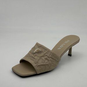 PRADA Signature Logo Antique Crinkled Leather Mules Sandals Heels Shoes